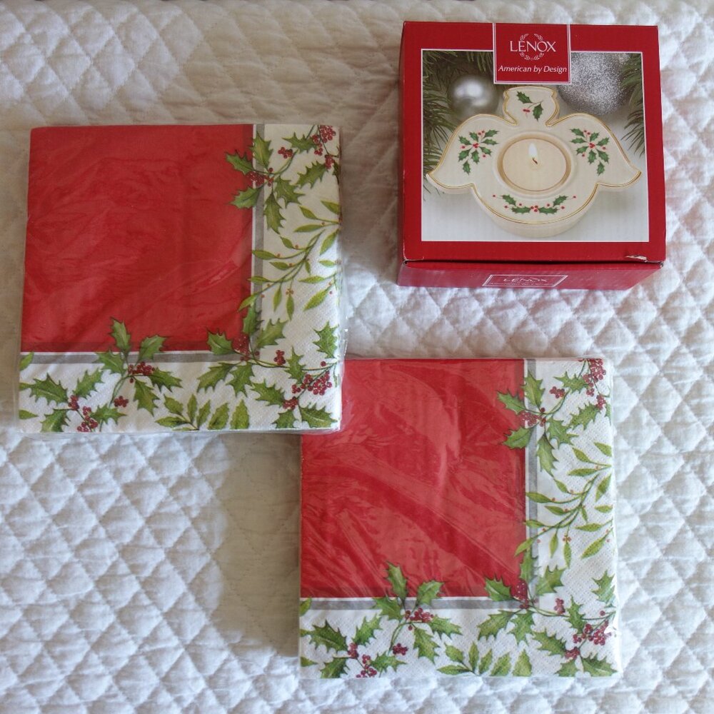 NIB LENOX Holiday Angel Votive with 2 pkgs of matching holiday paper napkins
